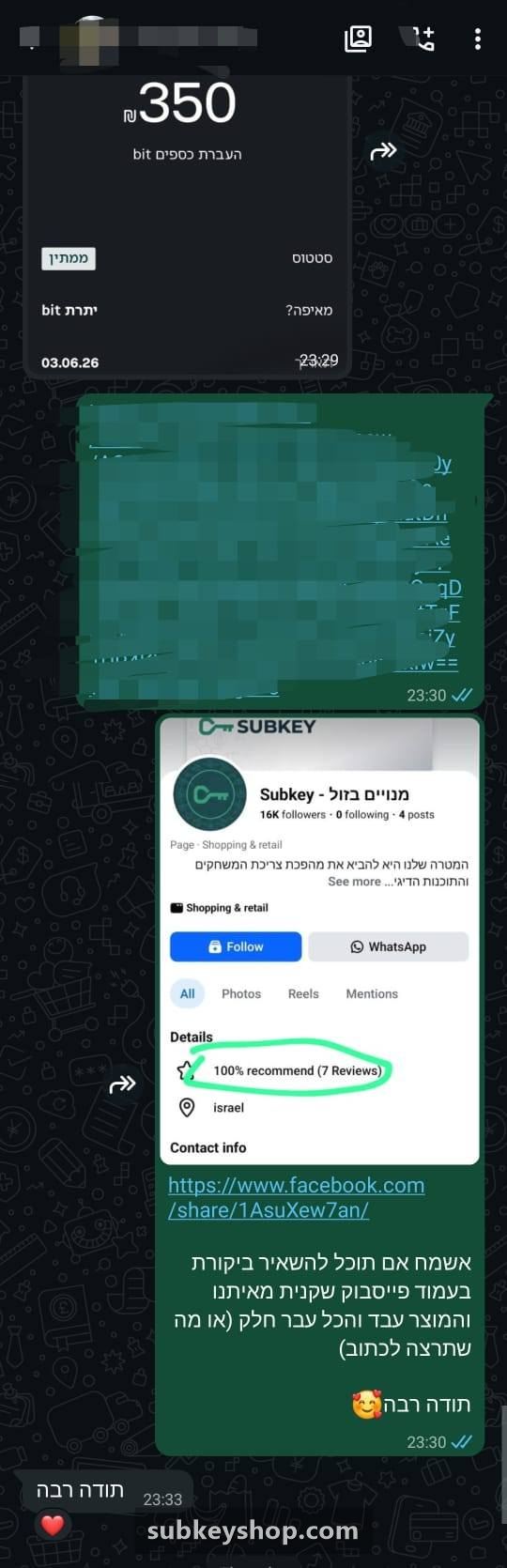 צילום מסך משיחת וואטסאפ עם לקוח מרוצה של סאבקיי